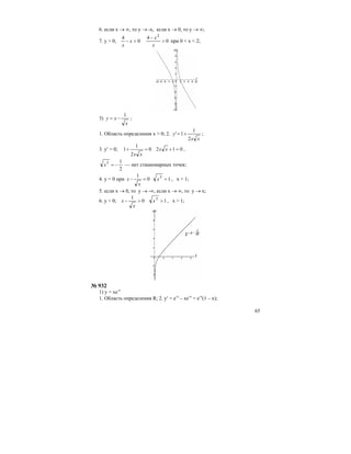 65
6. если х → ∞, то у → -х, если х → 0, то у → ∞;
7. y > 0, 0
4
0
4 2
>
−
>−
x
x
x
x
при 0 < x < 2;
3)
x
xy
1
−= ;
1. Область определения x > 0; 2.
xx
y
2
1
1' += ;
3. y′ = 0; 0120
2
1
1 =+=+ xx
xx
,
2
13
−=x — нет стационарных точек;
4. у = 0 при 10
1 3
==− x
x
x , х = 1;
5. если х → 0, то у → -∞, если х → ∞, то у → х;
6. y > 0; 10
1 3
>>− x
x
x , x > 1;
№ 932
1) у = хе-х
1. Область определения R; 2. y′ = e-x
– xe-x
= e-x
(1 – x);
 