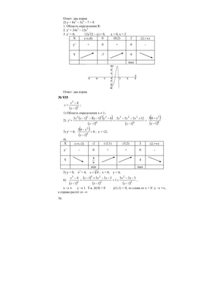 70
Ответ: два корня.
2) у = 8х3
– 3х4
– 7 = 0
1. Область определения R:
2. y′ = 24x2
– 12x3
3. y′ = 0; 12x2
(2 – x) = 0, x = 0, x = 2
X (-∞;0) 0 (0;2) 2 (2;+∞)
y’ + 0 + 0 -
Y -7 9
max
Ответ: два корня.
№ 935
( )3
3
1
4
−
−
=
x
x
y ;
1) Область определения х ≠ 1;
2)
( ) ( ) ( )
( ) ( )
=
−
+−−
=
−
−−−−
=
4
323
6
3232
1
12333
1
41313
'
x
xxx
x
xxxx
y
( )
( )4
2
1
43
−
−
x
x
3) y′ = 0,
( )
( )
0
1
43
4
2
=
−
−
x
x
, x = ±2;
4)
X (-∞;-2) -2 (-2;1) (3;2) 2 (2;+∞)
y’ - 0 + + 0 -
Y
9
4
4
min max
5) y = 0, x3
= 4, 3
4=x , x = 0, y = 4;
6)
( )
( )
( ) ( )3
2
3
23
3
3
1
333
1
1
3331
1
4
−
−−
+=
−
−−+−
=
−
−
x
xx
x
xxx
x
x
,
x → ∞ y → 1. Т.к. (0,9) > 0 y(1,1) < 0, то слева от х = 0 у → +∞,
а справа растет от -∞
 