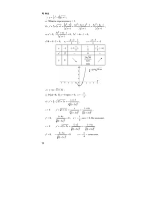 94
№ 981
1) ( ) 112
+−= xxy ;
а) Область определения х > 1.
б)
( )
12
145
12
144
12
1
12
2222
+
−+
=
+
−++
=
+
−
++=′
x
xx
x
xxx
x
x
xxy ;
в) y′ = 0, 0
12
145 2
=
+
−+
x
xx
, 5х2
+ 4х – 1 = 0,
D/4 = 4 + 5 = 9; х1 =
5
1
5
32
=
+−
, х = 1
5
32
−=
−−
x –1 (–1;
5
1
)
5
1
(
5
1
; +∞)
y′ ∃ – 0 +
у 0 125
3024
min
2) 3
31|| xxy +⋅= ;
а) D (у) =R; б) у = 0 при х = 0, х =
3
1
− ;
в) ( )
( )3 2
3
313
3||
31||
x
x
xxy
+
⋅
++′=′ ,
х > 0
( ) ( )3 23 2
3
31
41
31
31
x
x
x
x
xy
+
+
=
+
++=′ ,
y′ = 0,
( )
0
31
41
3 2
=
+
+
x
x
, x =
4
1
− , но х > 0. Не подходит.
х < 0
( )
( ) ( )3 23 2
3
31
41
31
31
x
x
x
x
xy
+
+
−=
+
−
++−=′ ,
y′ = 0, –
( )
0
31
41
3 2
=
+
+
x
x
x =
4
1
− – точка max.
 