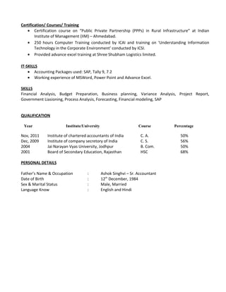 Certification/ Courses/ Training
• Certification course on “Public Private Partnership (PPPs) in Rural Infrastructure” at Indian
Institute of Management (IIM) – Ahmedabad.
• 250 hours Computer Training conducted by ICAI and training on ‘Understanding Information
Technology in the Corporate Environment’ conducted by ICSI.
• Provided advance excel training at Shree Shubham Logistics limited.
IT-SKILLS
• Accounting Packages used: SAP, Tally 9, 7.2
• Working experience of MSWord, Power Point and Advance Excel.
SKILLS
Financial Analysis, Budget Preparation, Business planning, Variance Analysis, Project Report,
Government Liasioning, Process Analysis, Forecasting, Financial modeling, SAP
QUALIFICATION
Year Institute/University Course Percentage
Nov, 2011 Institute of chartered accountants of India C. A. 50%
Dec, 2009 Institute of company secretory of India C. S. 56%
2004 Jai Narayan Vyas University, Jodhpur B. Com. 50%
2001 Board of Secondary Education, Rajasthan HSC 68%
PERSONAL DETAILS
Father’s Name & Occupation : Ashok Singhvi – Sr. Accountant
Date of Birth : 12th
December, 1984
Sex & Marital Status : Male, Married
Language Know : English and Hindi
 