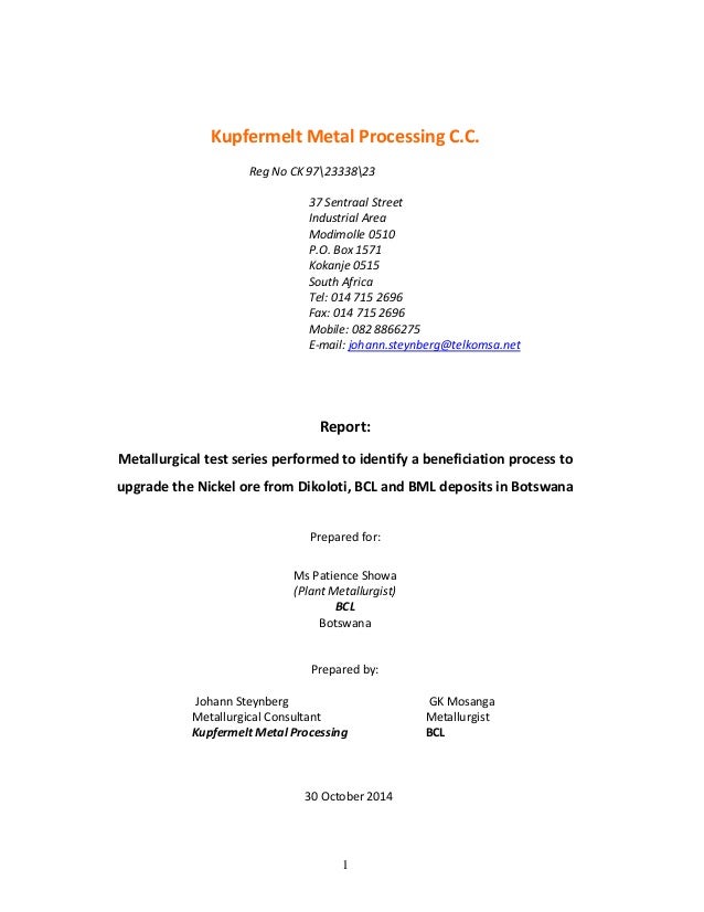 Kupfermelt Final Report Upgrading Nickel Ores From Dikoloti l And B