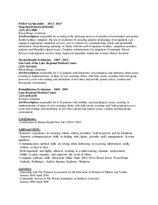 Behavioral health rehabilitation specialist resume