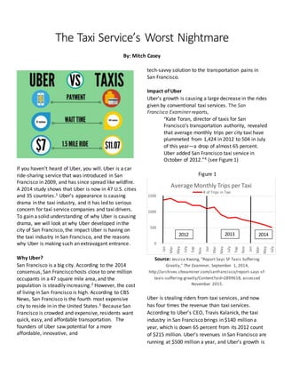 The Taxi Service’s Worst Nightmare
By: Mitch Casey
If you haven’t heard of Uber, you will. Uber is a car
ride-sharing service that was introduced in San
Francisco in 2009, and has since spread like wildfire.
A 2014 study shows that Uber is now in 47 U.S. cities
and 35 countries.1 Uber’s appearance is causing
drama in the taxi industry, and it has led to serious
concern for taxi service companies and taxi drivers.
To gain a solid understanding of why Uber is causing
drama, we will look at why Uber developed in the
city of San Francisco, the impact Uber is having on
the taxi industry in San Francisco, and the reasons
why Uber is making such an extravagant entrance.
Why Uber?
San Francisco is a big city. According to the 2014
consensus, San Francisco hosts close to one million
occupants in a 47 square mile area, and the
population is steadily increasing.2 However, the cost
of living in San Francisco is high. According to CBS
News, San Francisco is the fourth most expensive
city to reside in in the United States.3 Because San
Francisco is crowded and expensive, residents want
quick, easy, and affordable transportation. The
founders of Uber saw potential for a more
affordable, innovative, and
tech-savvy solution to the transportation pains in
San Francisco.
Impact of Uber
Uber’s growth is causing a large decrease in the rides
given by conventional taxi services. The San
Francisco Examiner reports,
“Kate Toran, director of taxis for San
Francisco’s transportation authority, revealed
that average monthly trips per city taxi have
plummeted from 1,424 in 2012 to 504 in July
of this year—a drop of almost 65 percent.
Uber added San Francisco taxi service in
October of 2012.”4 (see Figure 1)
Figure 1
Source: Jessica Kwong, "Report Says SF Taxis Suffering
Greatly," The Examiner, September 1, 2014,
http://archives.sfexaminer.com/sanfrancisco/report-says-sf-
taxis-suffering-greatly/Content?oid=2899618, accessed
November 2015.
Uber is stealing riders from taxi services, and now
has four times the revenue than taxi services.
According to Uber’s CEO, Travis Kalanick, the taxi
industry in San Francisco brings in $140 million a
year, which is down 65 percent from its 2012 count
of $215 million. Uber’s revenues in San Francisco are
running at $500 million a year, and Uber’s growth is
0
500
1000
1500
Jan
Mar
May
July
Sep
Nov
Jan
Mar
May
July
Sep
Nov
Jan
Mar
May
July
AverageMonthly Trips per Taxi
# of Trips in Taxi
2012 2013 2014
 