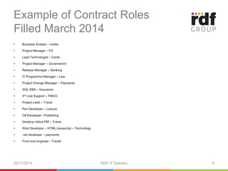 Example of Contract Roles 
Filled March 2014 
• Business Analyst – media 
• Project Manager – FS 
• Lead Technologist – Cards 
• Project Manager – Governemnt 
• Release Manager – Banking 
• IT Programme Manager – Law 
• Project Change Manager – Payments 
• SQL DBA – Insurance 
• 3rd Line Support – FMCG 
• Project Lead – Travel 
• Perl Developer – Leisure 
• C# Developer –Publishing 
• Desktop rollout PM – Travel 
• Web Developer – HTML/Javascript – Technology 
• .net developer – payments 
• Front end engineer - Travlel 
20/11/2014 RDF IT Delivery 8 
