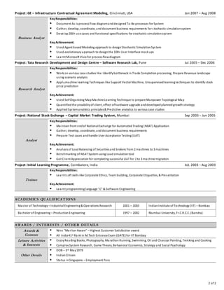 2 of 2
Project: GE – Infrastructure Contractual Agreement Modeling, Cincinnati,USA Jan 2007 – Aug 2008
Business Analyst
Key Responsibilities:
 Document As-isprocessflow diagramanddesignedTo-Be processes for System
 Gather, develop, coordinate, and document business requirements for stochastic simulationsystem
 Develop200+ use cases and functional specifications for stochastic simulationsystem
Key Achievement:
 Used Agent basedModeling approach to designStochastic SimulationSystem
 Used evolutionaryapproach to designthe 100+ User Interface mockups
 Learnt Microsoft Visio for processflowdiagram
Project: Tata Research Development and Design Centre – Software Research Lab, Pune Jul 2005 – Dec 2006
Research Analyst
Key Responsibilities:
 Work on various case studies like Identifybottleneckin Trade Completionprocessing, Prepare Revenue landscape
using scenario analysis
 Applymachine learning Techniques like Support Vector Machine, Unsupervisedlearningtechniques to identifystock
price prediction
Key Achievement:
 Used SelfOrganizing MapMachine Learning Technique to prepare Manpower Topological Map
 Quantifiedthe proabilityof client, effect ofhardware upgrade anddevelopedplannedgrowth strategy
 AppliedSystemanalytics principles& Predictive analytics to various case studies
Project: National Stock Exchange – Capital Market Trading System, Mumbai Sep 2003 – Jun 2005
Analyst
Key Responsibilities:
 Maintain front endof NationalExchange for AutomatedTrading (NEAT) Application
 Gather, develop, coordinate, and document business requirements
 Prepare Test cases andhandle User Acceptance Testing(UAT)
Key Achievement:
 Analysisof LoadBalancing of Securitiesand brokers from 2 machines to 3 machines
 Benchmarking of NEAT System using Loadsimulationtool
 Got Client Appreciationfor completing successful UAT for 2 to 3 machine migration
Project: Initial Learning Programme, Coimbatore, India JUL 2003 – Aug 2003
Trainee
Key Responsibilities:
 Learnt soft skills like Corporate Ethics, Team building, Corporate Etiquettes, & Presentation
Key Achievement:
 Learnt programminglanguage “C" & Software Engineering
ACADEMICS QUALIFICATIONS
Master of Technology – Industrial Engineering& Operations Research 2001 – 2003 IndianInstitute of Technology(IIT) – Bombay
Bachelor of Engineering – ProductionEngineering 1997 – 2002 Mumbai University, Fr.C.R.C.E. (Bandra)
AWARDS / INTERESTS / OTHER DETAILS
Awards &
Contests
 Won “Merlion Aware” – Highest Customer Satisfaction award
 All India41st Rank in M.Tech Entrance Exam (GATE)for IIT Bombay
Leisure Activities
& Interests
 EnjoyReading Books, Photography, Marathon Running, Swimming, Oil and Charcoal Painting, Trekking and Cooking
 Complex System Research, Game Theory, Behavioral Economics, Strategy and Social Psychology
Other Details
 DOB – 3rd May1979
 IndianCitizen
 Status inSingapore – Employment Pass
 
