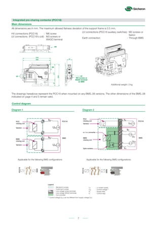 7
Un
k0
Un
k0
BMS
PCC18
BMS
closing coil
Varistor
Varistor
PCC
closing coil
Un
k1
k0
UEF
1
2
3
4
+
-
5
6
+
+
-
-
DC
DC
Un
k0
BMS
PCC18
DC / DC converter
BMS
closing coil
Opto-isolator
PCC
closing coil
Varistor
Additional weight: 3 kg
244
67
318
309
177
61
HV
LV LV
WAGO terminal
on BMS
HV
M3 screws or
The drawings hereabove represent the PCC18 when mounted on any BMS..08 versions. The other dimensions of the BMS..08
indicated on page 4 and 5 remain valid.
Main dimensions
HV connections (PCC18) : M6 screw
LV connections (PCC18’s coil): M3 screws or
WAGO terminal
LV connections (PCC18 auxiliary switches): M3 screws or
faston
Earth connection : Through BMS
Integrated pre-charing contactor (PCC18)
All dimensions are in mm. The maximum allowed ﬂatness deviation of the support frame is 0.5 mm.
Control diagram
BMS
PCC18
Applicable for the following BMS conﬁgurations: Applicable for the following BMS conﬁgurations:
Diagram 1 Diagram 2
PCC18
BMS
Un : DC power supply
UEF : Control voltage (1)
k0 : Supply relay
k1 : Control relay
: Sécheron’s scope
: Customer’s scope
: Low voltage screw terminals
: Low voltage WAGO terminals
: Coil controller
(1)
Control voltage (UEF) can be different from supply voltage (Un).
Legend
 