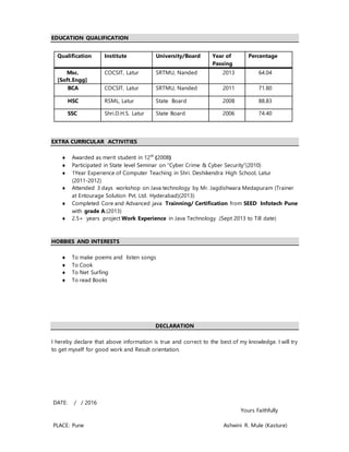 EDUCATION QUALIFICATION
EXTRA CURRICULAR ACTIVITIES
 Awarded as merit student in 12th
(2008)
 Participated in State level Seminar on “Cyber Crime & Cyber Security”(2010)
 1Year Experience of Computer Teaching in Shri. Deshikendra High School, Latur
(2011-2012)
 Attended 3 days workshop on Java technology by Mr. Jagdishwara Medapuram (Trainer
at Entourage Solution Pvt. Ltd. Hyderabad)(2013)
 Completed Core and Advanced java Trainning/ Certification from SEED Infotech Pune
with grade A.(2013)
 2.5+ years project Work Experience in Java Technology .(Sept 2013 to Till date)
HOBBIES AND INTERESTS
 To make poems and listen songs
 To Cook
 To Net Surfing
 To read Books
DECLARATION
I hereby declare that above information is true and correct to the best of my knowledge. I will try
to get myself for good work and Result orientation.
DATE: / / 2016
Yours Faithfully
PLACE: Pune Ashwini R. Mule (Kasture)
Qualification Institute University/Board Year of
Passing
Percentage
Msc.
[Soft.Engg]
COCSIT, Latur SRTMU, Nanded 2013 64.04
BCA COCSIT, Latur SRTMU, Nanded 2011 71.80
HSC RSML, Latur State Board 2008 88.83
SSC Shri.D.H.S. Latur State Board 2006 74.40
 