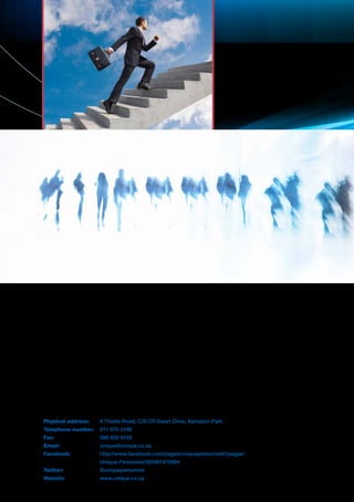 Physical address: 	 8 Thistle Road, C/R CR Swart Drive, Kempton Park
Telephone number: 	 011 970 3166
Fax:	 086 650 9159
Email: 	 unique@unique.co.za
Facebook: 	 http://www.facebook.com/pages/uniquepersonnel#!/pages/
	 Unique-Personnel/305881976864
Twitter: 	 @uniquepersonnel
Website: 	 www.unique.co.za
 