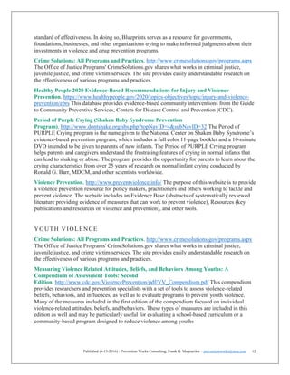 Published (6-13-2016) - Prevention Works Consulting; Frank G. Magourilos – preventionworks@msn.com 12
standard of effectiveness. In doing so, Blueprints serves as a resource for governments,
foundations, businesses, and other organizations trying to make informed judgments about their
investments in violence and drug prevention programs.
Crime Solutions: All Programs and Practices. http://www.crimesolutions.gov/programs.aspx
The Office of Justice Programs' CrimeSolutions.gov shares what works in criminal justice,
juvenile justice, and crime victim services. The site provides easily understandable research on
the effectiveness of various programs and practices.
Healthy People 2020 Evidence-Based Recommendations for Injury and Violence
Prevention. https://www.healthypeople.gov/2020/topics-objectives/topic/injury-and-violence-
prevention/ebrs This database provides evidence-based community interventions from the Guide
to Community Preventive Services, Centers for Disease Control and Prevention (CDC).
Period of Purple Crying (Shaken Baby Syndrome Prevention
Program). http://www.dontshake.org/sbs.php?topNavID=4&subNavID=32 The Period of
PURPLE Crying program is the name given to the National Center on Shaken Baby Syndrome’s
evidence-based prevention program, which includes a full color 11-page booklet and a 10-minute
DVD intended to be given to parents of new infants. The Period of PURPLE Crying program
helps parents and caregivers understand the frustrating features of crying in normal infants that
can lead to shaking or abuse. The program provides the opportunity for parents to learn about the
crying characteristics from over 25 years of research on normal infant crying conducted by
Ronald G. Barr, MDCM, and other scientists worldwide.
Violence Prevention. http://www.preventviolence.info/ The purpose of this website is to provide
a violence prevention resource for policy makers, practitioners and others working to tackle and
prevent violence. The website includes an Evidence Base (abstracts of systematically reviewed
literature providing evidence of measures that can work to prevent violence), Resources (key
publications and resources on violence and prevention), and other tools.
YOUTH VIOLENCE
Crime Solutions: All Programs and Practices. http://www.crimesolutions.gov/programs.aspx
The Office of Justice Programs' CrimeSolutions.gov shares what works in criminal justice,
juvenile justice, and crime victim services. The site provides easily understandable research on
the effectiveness of various programs and practices.
Measuring Violence Related Attitudes, Beliefs, and Behaviors Among Youths: A
Compendium of Assessment Tools: Second
Edition. http://www.cdc.gov/ViolencePrevention/pdf/YV_Compendium.pdf This compendium
provides researchers and prevention specialists with a set of tools to assess violence-related
beliefs, behaviors, and influences, as well as to evaluate programs to prevent youth violence.
Many of the measures included in the first edition of the compendium focused on individual
violence-related attitudes, beliefs, and behaviors. These types of measures are included in this
edition as well and may be particularly useful for evaluating a school-based curriculum or a
community-based program designed to reduce violence among youths
 