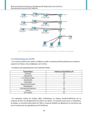 Μελέτη Αςφαλούσ Αςύρματησ Πρόςβαςησ Με Χρήςη Εικονικών Δικτύων
Παπαδόπουλοσ Παύλοσ Α.Μ. 2006016
44
Εικ. 5.1 Διϊταξη διαδικτυακών ςυςκευών ςτο κτόριο του δόμου ανϊ όροφο
5.2 Subnetting και VLSM
Για τθ ςωςτι υποδικτφωςθ, πρζπει να λάβουμε υπόψι τισ ανάγκεσ διευκυνςιοδότθςθσ του εκάςτοτε
τμιματοσ του διμου, όπωσ αναφζραμε και πιο πάνω.
Οι ανάγκεσ ανά τμιμα φαίνονται ςτον ακόλουκο πίνακα.
Σμήμα Δήμου Ανάγκεσ για διευθφνςεισ IP
Διοίκθςθ 10
Γραμματεία 15
ΙΤ / Τεχνικό τμιμα 20
Ρρωτόκολλο 5
Λογιςτιριο 10
Δθμοτικι Αςτυνομία 25
Ρλθροφορίεσ 3
Εξυπθρζτθςθ Δθμοτϊν 20
Servers 3
Zero Subnet 62
Τον παραπάνω πίνακα τον πιραμε αφοφ υπολογίςαμε τισ ανάγκεσ διευκυνςιοδότθςθσ για τισ
ςυςκευζσ δικτφου που κα βρίςκονται ςτο δίκτυο του διμου. Οι ςυςκευζσ αυτζσ είναι οι υπολογιςτζσ,
τα laptops, οι εκτυπωτζσ (δικτυακοί) κτλ. Πλεσ οι ςυςκευζσ δθλαδι που βρίςκονται ςε ζνα δίκτυο και
για τθν επικοινωνία τουσ χρειάηονται μία Ι΢ διεφκυνςθ.
 
