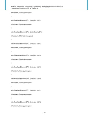 Μελέτη Αςφαλούσ Αςύρματησ Πρόςβαςησ Με Χρήςη Εικονικών Δικτύων
Παπαδόπουλοσ Παύλοσ Α.Μ. 2006016
76
shutdown //Απενεργοποιθμζνο
!
interface FastEthernet0/11 //Interface Fa0/11
shutdown //Απενεργοποιθμζνο
!
interface FastEthernet0/12 //Interface Fa0/12
shutdown //Απενεργοποιθμζνο
!
interface FastEthernet0/13 //Interface Fa0/13
shutdown //Απενεργοποιθμζνο
!
interface FastEthernet0/14 //Interface Fa0/14
shutdown //Απενεργοποιθμζνο
!
interface FastEthernet0/15 //Interface Fa0/15
shutdown //Απενεργοποιθμζνο
!
interface FastEthernet0/16 //Interface Fa0/16
shutdown //Απενεργοποιθμζνο
!
interface FastEthernet0/17 //Interface Fa0/17
shutdown //Απενεργοποιθμζνο
!
interface FastEthernet0/18 //Interface Fa0/18
shutdown //Απενεργοποιθμζνο
 