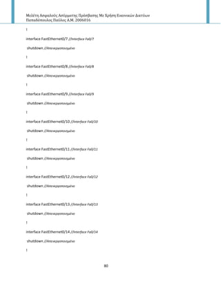 Μελέτη Αςφαλούσ Αςύρματησ Πρόςβαςησ Με Χρήςη Εικονικών Δικτύων
Παπαδόπουλοσ Παύλοσ Α.Μ. 2006016
80
!
interface FastEthernet0/7 //Interface Fa0/7
shutdown //Απενεργοποιθμζνο
!
interface FastEthernet0/8 //Interface Fa0/8
shutdown //Απενεργοποιθμζνο
!
interface FastEthernet0/9 //Interface Fa0/9
shutdown //Απενεργοποιθμζνο
!
interface FastEthernet0/10 //Interface Fa0/10
shutdown //Απενεργοποιθμζνο
!
interface FastEthernet0/11 //Interface Fa0/11
shutdown //Απενεργοποιθμζνο
!
interface FastEthernet0/12 //Interface Fa0/12
shutdown //Απενεργοποιθμζνο
!
interface FastEthernet0/13 //Interface Fa0/13
shutdown //Απενεργοποιθμζνο
!
interface FastEthernet0/14 //Interface Fa0/14
shutdown //Απενεργοποιθμζνο
!
 