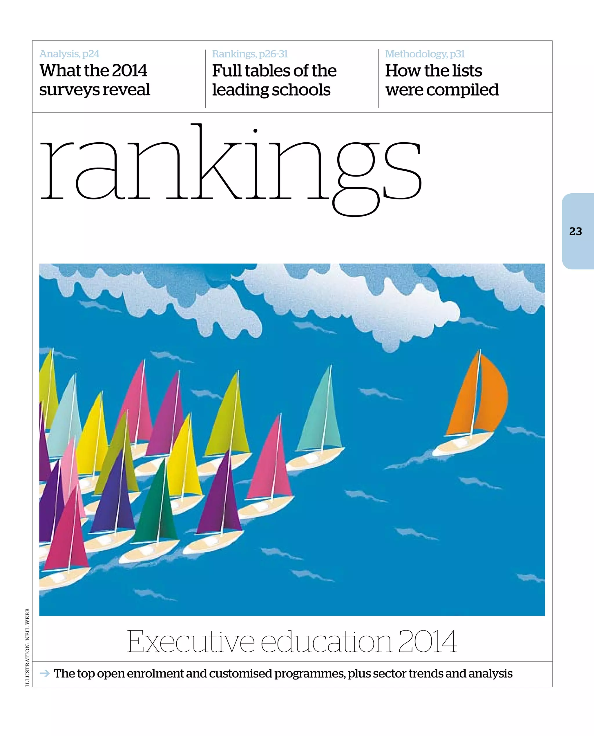 rankings
Analysis, p24
What the 2014
surveys reveal
Rankings, p26-31
Full tables of the
leading schools
Methodology, p31
How the lists
were compiled
Executive education 2014
➔ The top open enrolment and customised programmes, plus sector trends and analysis
23
➔
illustration:neilwebb
 