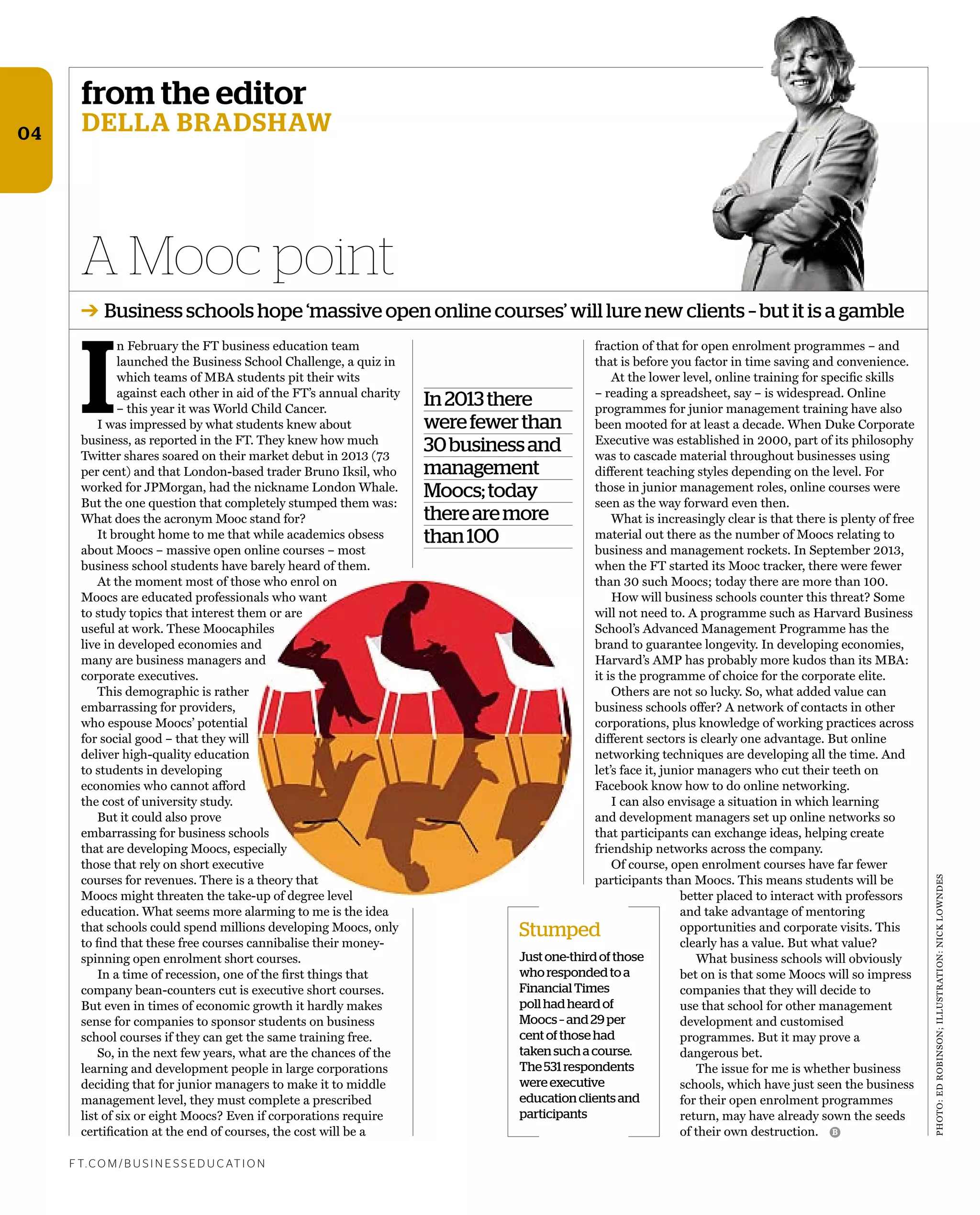 Photo:edrobinson;illustration:nicklowndes
from the editor
della bradshaw
fraction of that for open enrolment programmes – and
that is before you factor in time saving and convenience.
at the lower level, online training for speciﬁc skills
– reading a spreadsheet, say – is widespread. online
programmes for junior management training have also
been mooted for at least a decade. when duke corporate
executive was established in 2000, part of its philosophy
was to cascade material throughout businesses using
different teaching styles depending on the level. For
those in junior management roles, online courses were
seen as the way forward even then.
what is increasingly clear is that there is plenty of free
material out there as the number of Moocs relating to
business and management rockets. in september 2013,
when the Ft started its Mooc tracker, there were fewer
than 30 such Moocs; today there are more than 100.
how will business schools counter this threat? some
will not need to. a programme such as harvard business
school’s advanced Management Programme has the
brand to guarantee longevity. in developing economies,
harvard’s aMP has probably more kudos than its Mba:
it is the programme of choice for the corporate elite.
others are not so lucky. so, what added value can
business schools offer? a network of contacts in other
corporations, plus knowledge of working practices across
different sectors is clearly one advantage. but online
networking techniques are developing all the time. and
let’s face it, junior managers who cut their teeth on
Facebook know how to do online networking.
i can also envisage a situation in which learning
and development managers set up online networks so
that participants can exchange ideas, helping create
friendship networks across the company.
of course, open enrolment courses have far fewer
participants than Moocs. this means students will be
better placed to interact with professors
and take advantage of mentoring
opportunities and corporate visits. this
clearly has a value. but what value?
what business schools will obviously
bet on is that some Moocs will so impress
companies that they will decide to
use that school for other management
development and customised
programmes. but it may prove a
dangerous bet.
the issue for me is whether business
schools, which have just seen the business
for their open enrolment programmes
return, may have already sown the seeds
of their own destruction.
A Mooc point
f t. c o m / B U S i n e S S e d U c at i o n
b
➔ Business schools hope ‘massive open online courses’ will lure new clients – but it is a gamble
04
In2013there
werefewerthan
30businessand
management
Moocs;today
therearemore
than100
Just one-third of those
who responded to a
Financial Times
poll had heard of
Moocs – and 29 per
cent of those had
taken such a course.
The 531 respondents
were executive
education clients and
participants
I
n February the Ft business education team
launched the business school challenge, a quiz in
which teams of Mba students pit their wits
against each other in aid of the Ft’s annual charity
– this year it was world child cancer.
i was impressed by what students knew about
business, as reported in the Ft. they knew how much
twitter shares soared on their market debut in 2013 (73
per cent) and that london-based trader bruno iksil, who
worked for JPMorgan, had the nickname london whale.
but the one question that completely stumped them was:
what does the acronym Mooc stand for?
it brought home to me that while academics obsess
about Moocs – massive open online courses – most
business school students have barely heard of them.
at the moment most of those who enrol on
Moocs are educated professionals who want
to study topics that interest them or are
useful at work. these Moocaphiles
live in developed economies and
many are business managers and
corporate executives.
this demographic is rather
embarrassing for providers,
who espouse Moocs’ potential
for social good – that they will
deliver high-quality education
to students in developing
economies who cannot afford
the cost of university study.
but it could also prove
embarrassing for business schools
that are developing Moocs, especially
those that rely on short executive
courses for revenues. there is a theory that
Moocs might threaten the take-up of degree level
education. what seems more alarming to me is the idea
that schools could spend millions developing Moocs, only
to ﬁnd that these free courses cannibalise their money-
spinning open enrolment short courses.
in a time of recession, one of the ﬁrst things that
company bean-counters cut is executive short courses.
but even in times of economic growth it hardly makes
sense for companies to sponsor students on business
school courses if they can get the same training free.
so, in the next few years, what are the chances of the
learning and development people in large corporations
deciding that for junior managers to make it to middle
management level, they must complete a prescribed
list of six or eight Moocs? even if corporations require
certiﬁcation at the end of courses, the cost will be a
Stumped
 