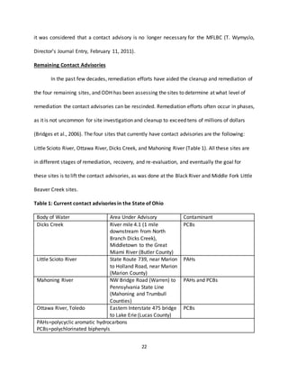 22
it was considered that a contact advisory is no longer necessary for the MFLBC (T. Wymyslo,
Director’s Journal Entry, February 11, 2011).
Remaining Contact Advisories
In the past few decades, remediation efforts have aided the cleanup and remediation of
the four remaining sites, and ODH has been assessing the sites to determine at what level of
remediation the contact advisories can be rescinded. Remediation efforts often occur in phases,
as it is not uncommon for site investigation and cleanup to exceed tens of millions of dollars
(Bridges et al., 2006). The four sites that currently have contact advisories are the following:
Little Scioto River, Ottawa River, Dicks Creek, and Mahoning River (Table 1). All these sites are
in different stages of remediation, recovery, and re-evaluation, and eventually the goal for
these sites is to lift the contact advisories, as was done at the Black River and Middle Fork Little
Beaver Creek sites.
Table 1: Current contact advisories in the State of Ohio
Body of Water Area Under Advisory Contaminant
Dicks Creek River mile 4.1 (1 mile
downstream from North
Branch Dicks Creek),
Middletown to the Great
Miami River (Butler County)
PCBs
Little Scioto River State Route 739, near Marion
to Holland Road, near Marion
(Marion County)
PAHs
Mahoning River NW Bridge Road (Warren) to
Pennsylvania State Line
(Mahoning and Trumbull
Counties)
PAHs and PCBs
Ottawa River, Toledo Eastern Interstate 475 bridge
to Lake Erie (Lucas County)
PCBs
PAHs=polycyclic aromatic hydrocarbons
PCBs=polychlorinated biphenyls
 