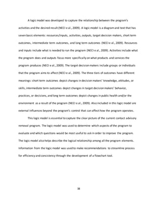 38
A logic model was developed to capture the relationship between the program’s
activities and the desired result (NECI e al., 2009). A logic model is a diagramand text that has
seven basic elements: resources/inputs, activities, outputs, target decision makers, short term
outcomes, intermediate term outcomes, and long term outcomes (NECI e al., 2009). Resources
and inputs include what is needed to run the program (NECI e al., 2009). Activities include what
the program does and outputs focus more specifically on what products and services the
program produces (NECI e al., 2009). The target decision makers include groups or individuals
that the program aims to affect (NECI e al., 2009). The three tiers of outcomes have different
meanings: short term outcomes depict changes in decision makers’ knowledge, attitudes, or
skills, intermediate term outcomes depict changes in target decision makers’ behavior,
practices, or decisions, and long term outcomes depict changes in public health and/or the
environment as a result of the program (NECI e al., 2009). Also included in this logic model are
external influences beyond the program’s control that can affect how the program operates.
This logic model is essential to capture the clear picture of the current contact advisory
removal program. The logic model was used to determine which aspects of the program to
evaluate and which questions would be most useful to ask in order to improve the program.
The logic model also helps describe the logical relationship among all the program elements.
Information from the logic model was used to make recommendations to streamline process
for efficiency and consistency through the development of a flowchart tool.
 