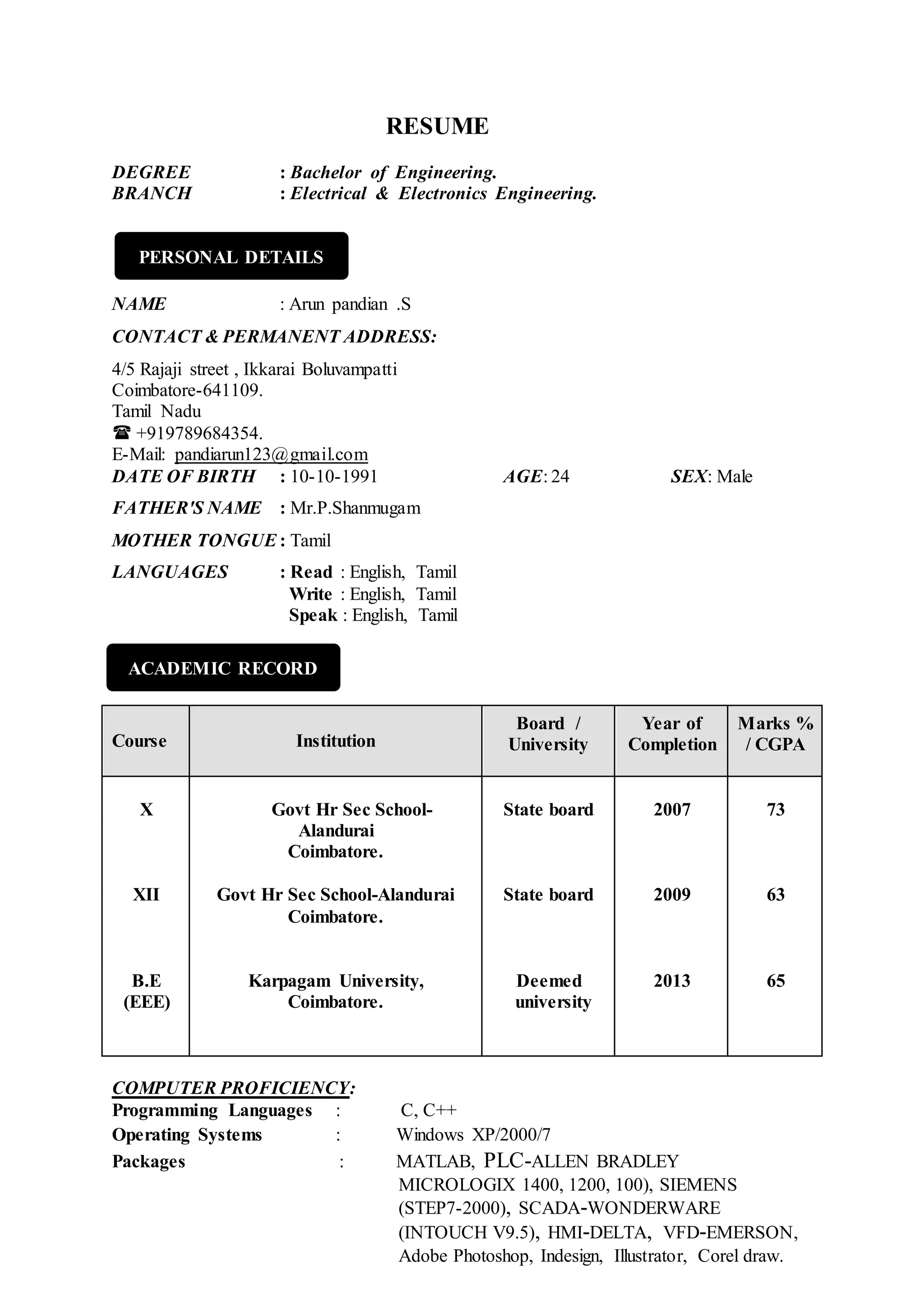 Arunpandian ex resume PDF - Arunpandian Ex Resume 1 2048 