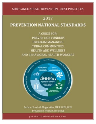[Type text] Page 0
p r e v e n t i o n w o r k s @ m s n . c o m
SUBSTANCE ABUSE PREVENTION - BEST PRACTICES
2017
PREVENTION NATIONAL STANDARDS
A GUIDE FOR:
PREVENTION FUNDERS
PROGRAM MANAGERS
TRIBAL COMMUNITIES
HEALTH AND WELLNESS
AND BEHAVIORAL HEALTH WORKERS
Author: Frank G. Magourilos, MPS, SCPS, ICPS
Prevention Works Consulting
 