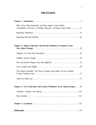 1
Table of Contents
Chapter 1. Introduction ………………………...……………………………...……... 3
Illicit Crops, Drug Production, and Drug Supply Control Efforts:
A Preliminary Overview of Variable Dynamics and Drug Control Policy .................12
Regarding Hypotheses …………………………...…………………………………. 35
Regarding Research Methods ………………………………………………………. 36
Chapter 2. Opium Cultivation and Heroin Production in Southeast Asia:
The Golden Triangle …………………………………………...………………….. 39
Thailand: Can It Be Done Elsewhere? …………………...…………………………. 44
Thailand and the Triangle ……………………………...…………………………….45
Slow and Steady Change in the Thai Highlands …………...……………………….. 54
Laos: Caught in the Middle ……………………………………..…...……………… 65
The Laotian Labyrinth: The Nexus of Opium and Conflict in Late Twentieth
Century Southeast Asia …………………………………………………......………..75
Under the Pathet Lao …………………………………………………...…………... 87
Chapter 3. Coca Cultivation and Cocaine Production in the Andean Region …… 96
Colombia: Volatility and Violence ………………………………………………... 105
Plan Colombia …………………………………………………………………….. 114
Chapter 4. Conclusion …………...…………………………………………………. 122
Bibliography……………………………………………….…………………………. 135
 