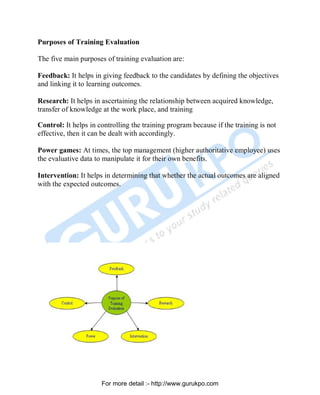 Purposes of Training Evaluation
The five main purposes of training evaluation are:
Feedback: It helps in giving feedback to the candidates by defining the objectives
and linking it to learning outcomes.
Research: It helps in ascertaining the relationship between acquired knowledge,
transfer of knowledge at the work place, and training
Control: It helps in controlling the training program because if the training is not
effective, then it can be dealt with accordingly.
Power games: At times, the top management (higher authoritative employee) uses
the evaluative data to manipulate it for their own benefits.
Intervention: It helps in determining that whether the actual outcomes are aligned
with the expected outcomes.
PDF Created with deskPDF PDF Writer - Trial :: http://www.docudesk.com
For more detail :- http://www.gurukpo.com
 