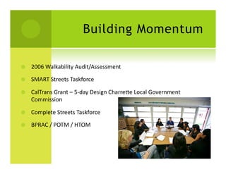 Building Momentum

    2006	
  Walkability	
  Audit/Assessment	
  

    SMART	
  Streets	
  Taskforce	
  

    CalTrans	
  Grant	
  –	
  5-­‐day	
  Design	
  Charreae	
  Local	
  Government	
  
     Commission	
  

    Complete	
  Streets	
  Taskforce	
  

    BPRAC	
  /	
  POTM	
  /	
  HTOM	
  
 