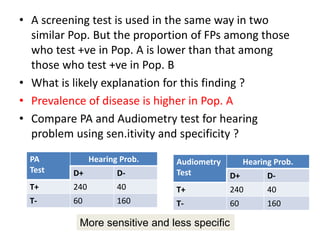 • A screening test is used in the same way in two
similar Pop. But the proportion of FPs among those
who test +ve in Pop. A is lower than that among
those who test +ve in Pop. B
• What is likely explanation for this finding ?
• Prevalence of disease is higher in Pop. A
• Compare PA and Audiometry test for hearing
problem using sen.itivity and specificity ?
PA
Test
Hearing Prob.
D+ D-
T+ 240 40
T- 60 160
Audiometry
Test
Hearing Prob.
D+ D-
T+ 240 40
T- 60 160
More sensitive and less specific
 