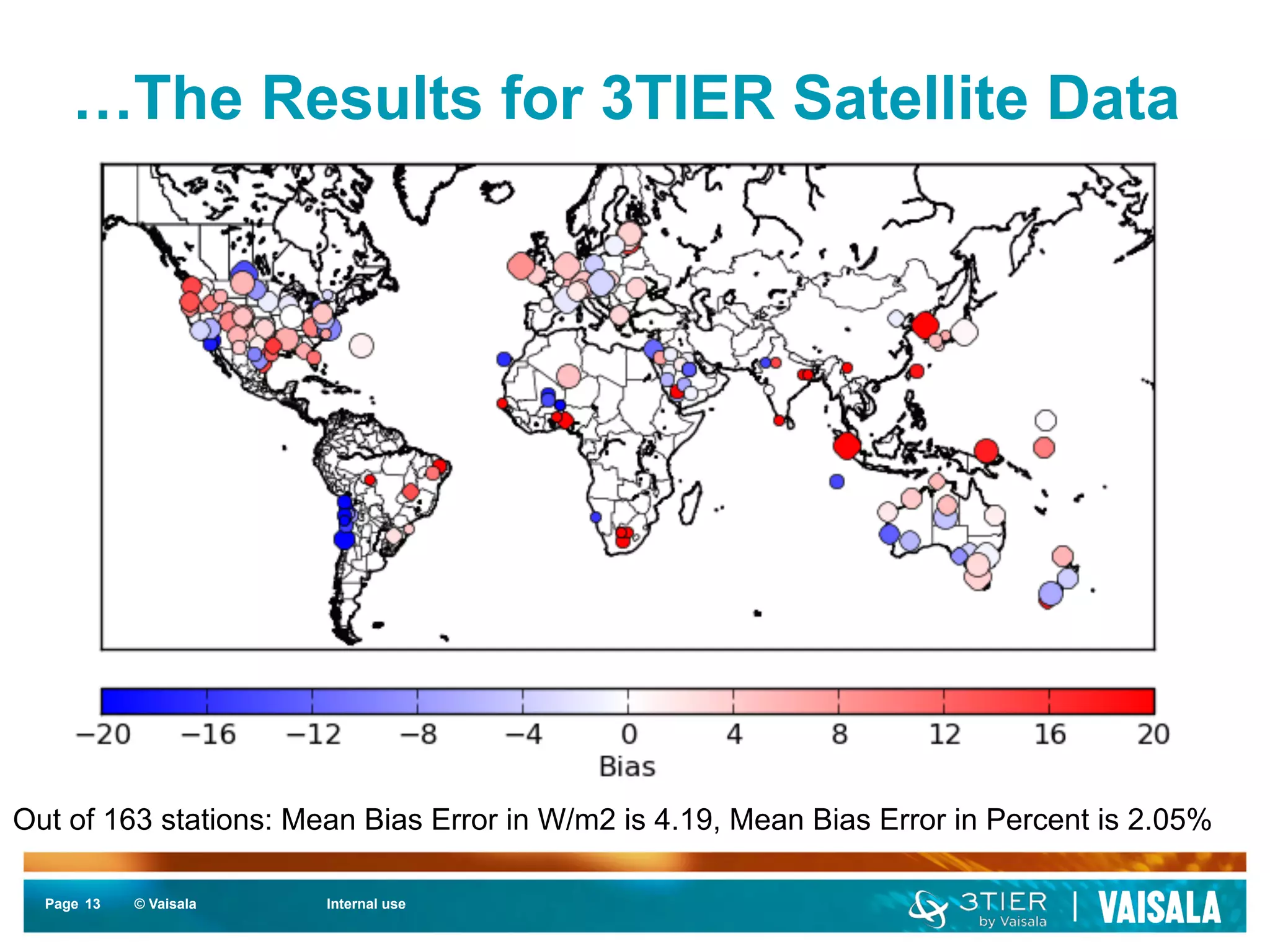…The Results for 3TIER Satellite Data 
Out of 163 stations: Mean Bias Error in W/m2 is 4.19, Mean Bias Error in Percent is 2.05% 
Page 13 
© Vaisala Internal use 
 