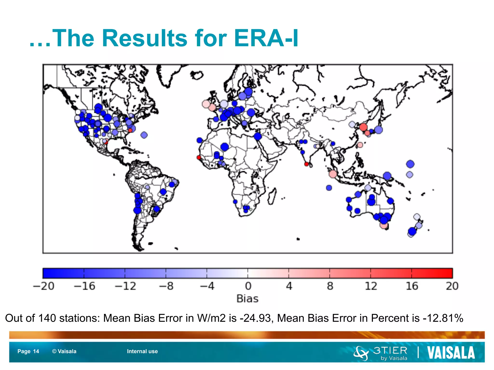 …The Results for ERA-I 
Out of 140 stations: Mean Bias Error in W/m2 is -24.93, Mean Bias Error in Percent is -12.81% 
Page 14 
© Vaisala Internal use 
 