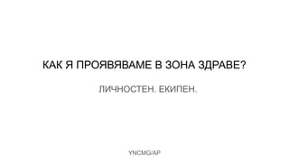 YNCMG/AP
КАК Я ПРОЯВЯВАМЕ В ЗОНА ЗДРАВЕ?
ЛИЧНОСТЕН. ЕКИПЕН.
 