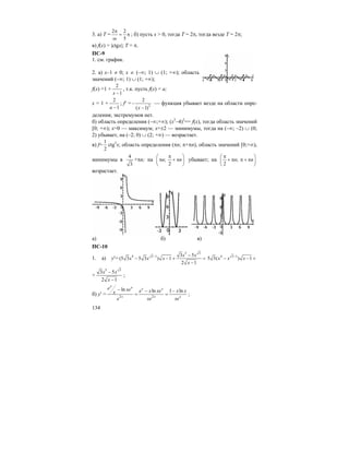 134
3. а) T =
2 2
5
π
= π
ω
; б) пусть x > 0, тогда T = 2π, тогда везде T = 2π;
в) f(x) = |ctgx|; T = π.
ПС-9
1. см. график.
2. а) x–1 ≠ 0; x ∈ (–∞; 1) ∪ (1; +∞); область
значений (–∞; 1) ∪ (1; +∞);
f(x) =1 +
2
1x −
, т.к. пусть f(x) = a;
x = 1 +
2
1a −
; f′ = 2
2
( 1)x
−
−
— функция убывает везде на области опре-
деления; экстремумов нет.
б) область определения (–∞;+∞); (x2
–4)2
== f(x), тогда область значений
[0; +∞); x=0 — максимум; x=±2 — минимумы, тогда на (–∞; –2) ∪ (0;
2) убывает, на (–2; 0) ∪ (2; +∞) — возрастает.
в) f=
1
2
ctg2
x; область определения (πn; π+πn), область значений [0;+∞),
минимумы в
4
3
+πn; на ;
2
n n
π⎛ ⎞
π + π⎜ ⎟
⎝ ⎠
убывает; на ;
2
n n
π⎛ ⎞
+ π π + π⎜ ⎟
⎝ ⎠
возрастает.
а) б) в)
ПС-10
1. а) y′=
5 3
4 3 1 3 5
(5 3 5 3 ) 1
2 1
x x
x x x
x
− −
− − + =
−
4 3 1
5 3( ) 1x x x−
− − +
+
5 3
3 5
2 1
x x
x
−
−
;
б) y′ = 2 2
ln ln 1 ln
x x x x
x x x
e xe e x xe x xx
e xe xe
− − −
= = ;
 