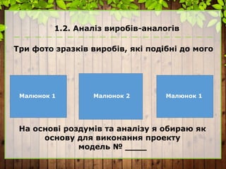 1.2. Аналіз виробів-аналогів
Три фото зразків виробів, які подібні до мого
На основі роздумів та аналізу я обираю як
основу для виконання проекту
модель № ____
Малюнок 1 Малюнок 2 Малюнок 1
 