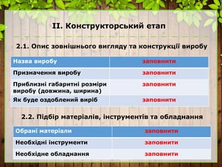 ІІ. Конструкторський етап
2.1. Опис зовнішнього вигляду та конструкції виробу
Назва виробу заповнити
Призначення виробу заповнити
Приблизні габаритні розміри
виробу (довжина, ширина)
заповнити
Як буде оздоблений виріб заповнити
2.2. Підбір матеріалів, інструментів та обладнання
Обрані матеріали заповнити
Необхідні інструменти заповнити
Необхідне обладнання заповнити
 