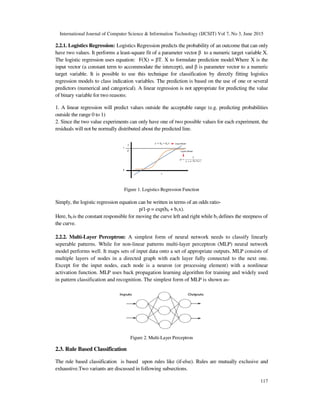 International Journal of Computer Science & Information Technology (IJCSIT) Vol 7, No 3, June 2015
117
2.2.1. Logistics Regression: Logistics Regression predicts the probability of an outcome that can only
have two values. It performs a least-square fit of a parameter vector β to a numeric target variable X.
The logistic regression uses equation: F(X) = βT. X to formulate prediction model.Where X is the
input vector (a constant term to accommodate the intercept), and β is parameter vector to a numeric
target variable. It is possible to use this technique for classification by directly fitting logistics
regression models to class indication variables. The prediction is based on the use of one or several
predictors (numerical and categorical). A linear regression is not appropriate for predicting the value
of binary variable for two reasons:
1. A linear regression will predict values outside the acceptable range (e.g. predicting probabilities
outside the range 0 to 1)
2. Since the two value experiments can only have one of two possible values for each experiment, the
residuals will not be normally distributed about the predicted line.
Figure 1. Logistics Regression Function
Simply, the logistic regression equation can be written in terms of an odds ratio-
p/1-p = exp(b0 + b1x).
Here, b0 is the constant responsible for moving the curve left and right while b1 defines the steepness of
the curve.
2.2.2. Multi-Layer Perceptron: A simplest form of neural network needs to classify linearly
seperable patterns. While for non-linear patterns multi-layer perceptron (MLP) neural network
model performs well. It maps sets of input data onto a set of appropriate outputs. MLP consists of
multiple layers of nodes in a directed graph with each layer fully connected to the next one.
Except for the input nodes, each node is a neuron (or processing element) with a nonlinear
activation function. MLP uses back propagation learning algorithm for training and widely used
in pattern classification and recognition. The simplest form of MLP is shown as-
Figure 2. Multi-Layer Perceptron
2.3. Rule Based Classification
The rule based classification is based upon rules like (if-else). Rules are mutually exclusive and
exhaustive.Two variants are discussed in following subsections.
 