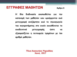 Η ίδια διαδικασία ακολουθείται για την
κατανομή των μαθητών που προέρχονται από
μετεγγραφή ανεξάρτητα από το νηπιαγωγείο
του συγκροτήματος στο οποίο απευθύνεται το
αποδεικτικό μετεγγραφής ώστε να
εξασφαλίζεται η λειτουργία τμημάτων με ίσο
αριθμό μαθητών.
ΕΓΓΡΑΦΕΣ ΜΑΘΗΤΩΝ Άρθρο 6
Πόπη Κασσωτάκη-Ψαρουδάκη
Χανιά, 2017
 