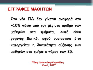 Στο νέο ΠΔ δεν γίνεται αναφορά στο
+10% πάνω από τον μέγιστο αριθμό των
μαθητών στα τμήματα. Αυτό είναι
γεγονός θετικό, αφού ουσιαστικά έτσι
καταργείται η δυνατότητα αύξησης των
μαθητών στα τμήματα πέραν των 25.
Πόπη Κασσωτάκη-Ψαρουδάκη
Χανιά, 2017
ΕΓΓΡΑΦΕΣ ΜΑΘΗΤΩΝ
 