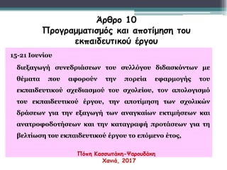 15-21 Ιουνίου
διεξαγωγή συνεδριάσεων του συλλόγου διδασκόντων με
θέματα που αφορούν την πορεία εφαρμογής του
εκπαιδευτικού σχεδιασμού του σχολείου, τον απολογισμό
του εκπαιδευτικού έργου, την αποτίμηση των σχολικών
δράσεων για την εξαγωγή των αναγκαίων εκτιμήσεων και
ανατροφοδοτήσεων και την καταγραφή προτάσεων για τη
βελτίωση του εκπαιδευτικού έργου το επόμενο έτος,
Άρθρο 10
Προγραμματισμός και αποτίμηση του
εκπαιδευτικού έργου
Πόπη Κασσωτάκη-Ψαρουδάκη
Χανιά, 2017
 
