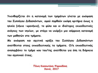 Υπενθυμίζεται ότι η κατανομή των τμημάτων γίνεται με απόφαση
του Συλλόγου Διδασκόντων, αφού ληφθούν υπόψη κριτήρια όπως η
ηλικία (νήπια –προνήπια), το φύλο και οι ιδιαίτερες εκπαιδευτικές
ανάγκες των νηπίων, με στόχο να υπάρξει μια ισόρροπη κατανομή
των μαθητών στα τμήματα.
Με απόφαση και σχετική πράξη του Συλλόγου Διδασκόντων
ανατίθενται στους εκπαιδευτικούς τα τμήματα. Ο/η εκπαιδευτικός
αναλαμβάνει το τμήμα που του/της ανατίθεται για όλη τη διάρκεια
του σχολικού έτους.
Πόπη Κασσωτάκη-Ψαρουδάκη
Χανιά, 2017
 