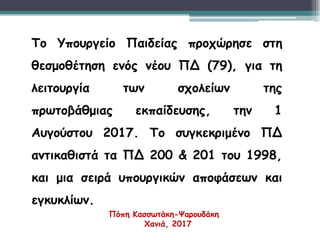 Το Υπουργείο Παιδείας προχώρησε στη
θεσμοθέτηση ενός νέου ΠΔ (79), για τη
λειτουργία των σχολείων της
πρωτοβάθμιας εκπαίδευσης, την 1
Αυγούστου 2017. Το συγκεκριμένο ΠΔ
αντικαθιστά τα ΠΔ 200 & 201 του 1998,
και μια σειρά υπουργικών αποφάσεων και
εγκυκλίων.
Πόπη Κασσωτάκη-Ψαρουδάκη
Χανιά, 2017
 