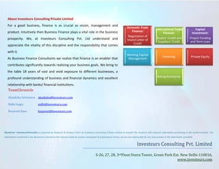 About Investeurs Consulting Private Limited
For a good business, finance is as crucial as vision, management and
product. Intuitively then Business Finance plays a vital role in the business
prosperity. We, at Investeurs Consulting Pvt. Ltd understand and
appreciate the vitality of this discipline and the responsibility that comes
with it.
As Business Finance Consultants we realize that finance is an enabler that
contributes significantly towards realizing your business goals. We bring to
the table 18 years of vast and vivid exposure to different businesses, a
profound understanding of business and financial dynamics and excellent
relationship with banks/ financial institutions.
Domestic Trade
Finance:
Negotiation of
Inland Letter of
Credit
International Trade
Finance:
Buyers’ Credit and
Suppliers’ Credit
Capital
Investment:
Project Funding
and Term Loan
Working Capital
Management
Factoring Private Equity
Rating Assistance
TeamChronicle
Akanksha Srivastava akanksha@investeurs.com
Nidhi Gogia nidhi@investeurs.com
Harpreet Kaur harpreet@investeurs.com
Disclaimer: InvesteursChronicles is prepared by Research & Analysis Team of Investeurs Consulting Private Limited to provide the recipient with relevant information pertaining to the world economy. The
information contained in the document is based on the releases made by various newspaper & publications; hence, we are not responsible for any inaccuracies in the information provided.
Investeurs Consulting Pvt. Limited
S-26, 27, 28, 3rdFloor,Veera Tower, Green Park Ext. New Delhi-110016,
www.investeurs.com
 