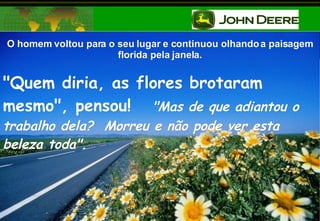O homem voltou para o seu lugar e continuou olhando a paisagem florida pela janela. "Quem diria, as flores brotaram mesmo", pensou!  "Mas de que adiantou o trabalho dela?  Morreu e não pode ver esta beleza toda". 