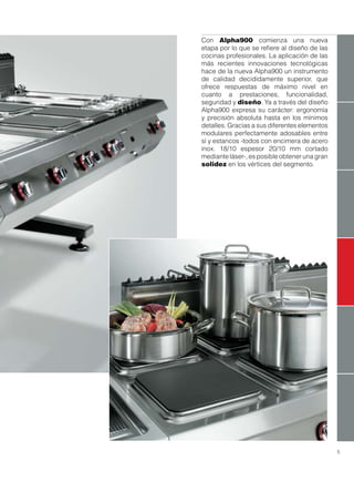 5
Con Alpha900 comienza una nueva
etapa por lo que se refiere al diseño de las
cocinas profesionales. La aplicación de las
más recientes innovaciones tecnológicas
hace de la nueva Alpha900 un instrumento
de calidad decididamente superior, que
ofrece respuestas de máximo nivel en
cuanto a prestaciones, funcionalidad,
seguridad y diseño. Ya a través del diseño
Alpha900 expresa su carácter: ergonomía
y precisión absoluta hasta en los mínimos
detalles. Gracias a sus diferentes elementos
modulares perfectamente adosables entre
sí y estancos -todos con encimera de acero
inox. 18/10 espesor 20/10 mm cortado
mediante láser-, es posible obtener una gran
solidez en los vértices del segmento.
 