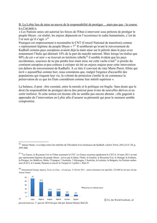 B. La Lybie lieu de mise en œuvre de la responsabilité de protéger….mais pas que : la course
à « l’or noir ».
« Les Nations unies ont autorisé les forces de l'Otan à intervenir sous prétexte de protéger le
peuple libyen ; en réalité, les enjeux dépassent en l’occurrence le cadre humanitaire, c’est de
l’or noir qu’il s’agit. »26
Pourquoi cet empressement à reconnaître le CNT (Conseil National de transition) comme
« représentent légitime du peuple libyen » ?27
Il semblerait qu’avant le renversement de
Kadhafi certains pays européens avaient déjà la main mise sur le pétrole dans le pays avec
notamment l’Italie qui détenait 14% de la part du marché national. Mais lorsqu’on réalise que
80% de cet « or noir » se trouvait en territoire rebelle28
il semble évident que les pays
occidentaux, soucieux de ne pas perdre leur main mise sur cette vache à lait29
si proche du
continent européen et peu coûteux à extirper ait été un enjeux majeur pour cette intervention
(en dehors du renversement de Kadhafi). A ce titre il convient de citer Marie Pierre Alliée qui
écrit « aujourd'hui comme hier, nous constatons que, malgré l'urgence d'accueillir des
populations qui risquent leur vie, la volonté de protection s'arrête là où commence la
préservation de ce que les États considèrent comme leur intérêt supérieur ».
La balance, il peut –être constaté, entre la morale et le politique est fragile. Sans doute que le
droit (la responsabilité de protéger) devra être précisé pour éviter de nouvelles dérives et en
sortir renforcé. Si cette notion est récente elle ne semble pas encore aboutie ; elle gagerait à
apprendre de l’intervention en Lybie afin d’assurer sa pérennité qui pour le moment semble
compromise.
26
Ameur Naim, « La Libye entre les intérêts de l'Occident et la résistance de Kadhafi »,Outre-Terre, 2011/3 n° 29, p.
299-308.
27
“La France, le Royaume-Uni et l’Otan soutenant le CNT. La France reconnut rapidement le CNT le 10 mars 2011 en tant
que représentant légitime du peuple libyen ; suivie par le Qatar, l'Italie, la Gambie, le Royaume-Uni, le Sénégal, la Jordanie,
la Pologne, les Maldives, Malte, l’Espagne, l’Australie, l’Allemagne, l’Autriche, la Lettonie, la Bulgarie, les Émirats arabes
unis (EAU), le Canada, Panama et encore la Turquie le 2 juillet ». Ibid 25.
28
International Energy Agency, Facts on Libya : oil and gas, 21 février 2011 : autres terminaux non spécifiés, 224 000 b/j (tel que cité par
Ameur Naim)
29
(CIA, the World Factbook, oil
proved reserves, 1er
janvier 2010 tel que cité par Ameur Naim). Ibid 25.
 