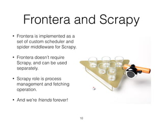 • Frontera is implemented as a
set of custom scheduler and
spider middleware for Scrapy.
• Frontera doesn’t require
Scrapy, and can be used
separately.
• Scrapy role is process
management and fetching
operation.
• And we’re friends forever!
Frontera and Scrapy
10
 
