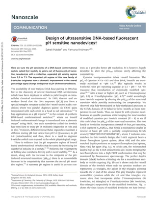 Nanoscale
COMMUNICATION
Cite this: DOI: 10.1039/c5nr01158b
Received 18th February 2015,
Accepted 6th May 2015
DOI: 10.1039/c5nr01158b
www.rsc.org/nanoscale
Design of ultrasensitive DNA-based ﬂuorescent
pH sensitive nanodevices†
Saheli Haldera
and Yamuna Krishnan*a,b
Here we tune the pH sensitivity of a DNA-based conformational
switch, called the I-switch, to yield a set of ﬂuorescent pH sensi-
tive nanodevices with a collective, expanded pH sensing regime
from 5.3 to 7.5. The expanded pH regime of this new family of
I-switches originates from a dramatic improvement in the overall
percentage signal change in response to pH of these nanodevices.
The availability of non Watson–Crick base pairing in DNA has
led to the discovery of several functional DNA architectures
which have been deployed in cellulo to yield insight on intra-
cellular chemical environments.1
In 1993, Gueron and co-
workers found that the DNA sequence d(C5T) can form a
special tetraplex structure called the i-motif under acidic con-
ditions where two parallel duplexes paired via C·CH+
pairs
intercalated with each other in a head to tail orientation.2,3
It
has applications as a pH reporter4–9
in the context of synthetic
DNA-based conformational switches,6,7
where an i-motif
induced conformational change is transduced into a photonic
output8
using FRET. One such nanodevice called the I-switch
has been used to study pH of endocytic organelles in cells and
in vivo.9
However, diﬀerent intracellular organelles maintain a
diﬀerent resting pH that varies from pH 5.0 (lysosomes) to pH
8.0 (mitochondria) and thus, there is a need to engineer
I-switches which can respond to the whole physiological range.
There is evidence that the pH responsive regime of i-motif
based conformational switches may be tuned by increasing the
number of cytosine in a stretch.10–12
However, the cooperativity
of folding also correlates directly with i-motif stability.13,14
As a
result, along with the increase in the midpoint of the pH-
induced structural transition (pHhalf ) there is an unavoidable
increase in its cooperativity that narrows the overall pH sensi-
tive regime.14
A narrower pH regime is useful in certain con-
texts as it provides better pH resolution. It is however, highly
desirable to alter the pHhalf without overly aﬀecting the
cooperativity.
Cytosine hemiprotonation drives i-motif formation. The
pKa of Cytosine N3 is 4.45 and thus DNA4 i-motifs are maxi-
mally stabilized at ∼pH 5.0.15
This typically results in
I-switches with pH reporting capacity at 5.5 < pH < 7.0. We
reasoned that introduction of chemically modified cyto-
sines16,17
with a lower or higher pKa such as 5′-bromocytosine
(pKa 2.5) or 5′-methylcytosine (pKa 4.7)18
could accordingly
tune I-switch response by altering the pHhalf of the structural
transition while possibly maintaining the cooperativity. We
observed that fully-brominated or fully-methylated cytosines in
the C-rich domain of I4 failed to form i-motifs at room tem-
perature in our hands. Thus, we doped I4 with cytosine modi-
fications at specific positions while keeping the total number
of modified cytosines per I-switch constant (N = 4) to see if
this could alter the pHhalf of the structural transition. The new
family of I-switches incorporates a stretch of four, pH sensitive,
C-rich segment (C4TAA)3C4 that forms a mismatched duplex at
neutral or basic pH with a partially complementary G-rich
strand (TTTGTTATGTGTTATGTGTTAT), where T indicates mis-
matches. In this I-switch design, the C-rich segment bears a
donor fluorophore (green sphere, Alexa 488) and the mis-
matched duplex positions an acceptor fluorophore (red sphere,
Alexa 647) far apart (Fig. 1a). At acidic pH, the mismatched
duplex frays as the C-rich strand forms an i-motif, bringing the
two fluorophores into a high FRET conformation that may be
monitored by fluorescence spectroscopy. The perfect duplex
domain (black) harbors a binding site for a recombinant anti-
body to enable targeting. Fig. 1b and c shows only the i-motif
domain of the I-switch where only the cytosine residues are
represented as triangles, the apices of the triangles pointing
towards the 3′ end of the strand. The grey triangles represent
unmodified cytosines while the red and blue triangles rep-
resent sites that incorporate either 5′-bromocytosines (Br
I-switches, red triangles) or 5′-methylcytosines (Me I-switches,
blue triangles) respectively in the modified I-switches. Fig. 1c
shows the four classes of modified I-switches we have investi-
†Electronic supplementary information (ESI) available: Materials and methods,
ESI Fig. 1–6. See DOI: 10.1039/c5nr01158b
a
National Centre for Biological Sciences, TIFR, GKVK, Bellary Road,
Bangalore 560 065, India
b
Department of Chemistry, The University of Chicago, GCIS, 929 East 57th Street,
Chicago, Illinois 60637, USA. E-mail: yamuna@uchicago.edu
This journal is © The Royal Society of Chemistry 2015 Nanoscale
Publishedon20May2015.DownloadedbyIndianInstituteofScienceon26/05/201507:23:25.
View Article Online
View Journal
 