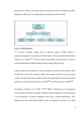 9
personnel asset analysis, and change aspects- recruitment, personnel development and labor
displacement (Ibid). Next, is the diagrammatic representation of the said field?
Figure
According to Torrington et al., (2005: 5) [Ref-9]
HRM is fundamental to all management
activity and has evolved from a number of different strands of thought. It is best described as
a loose philosophy of people management rather than a focused methodology. Thus,
distinction has been made between HRM as body of management activities on one hand
-1 (HRM Definition)
It is however, somehow strange, that, an important aspect of HRM, payroll or
compensation/payment is missing from the field in figure 1 above propounded by the authors.
Abecker et al., (2004) [Ref-13_1]
like the previous other authors, did not present a conclusive
and detailed definition of HRM including the other concepts (HR processes).
Lastly considered are the opinions of various management scholars who have taken a more
in-depth look at the whole concept of HRM. These opinions should be given the greatest
weight, since they reflect more in-depth research on the subject than is done by most textbook
authors. Few such authors are Dessler et al., (1999)[Ref-4]
, and Torrington et al., (2005)[Ref-9]
.
 