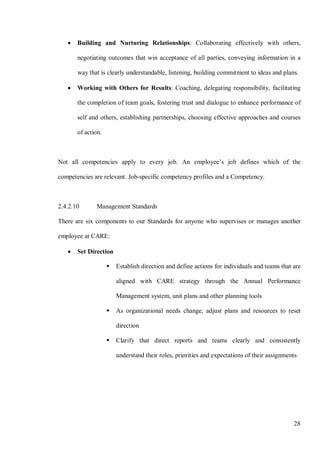 28
• Building and Nurturing Relationships: Collaborating effectively with others,
negotiating outcomes that win acceptance of all parties, conveying information in a
way that is clearly understandable, listening, building commitment to ideas and plans.
• Working with Others for Results: Coaching, delegating responsibility, facilitating
the completion of team goals, fostering trust and dialogue to enhance performance of
self and others, establishing partnerships, choosing effective approaches and courses
of action.
Not all competencies apply to every job. An employee’s job defines which of the
competencies are relevant. Job-specific competency profiles and a Competency.
2.4.2.10 Management Standards
There are six components to our Standards for anyone who supervises or manages another
employee at CARE:
• Set Direction
 Establish direction and define actions for individuals and teams that are
aligned with CARE strategy through the Annual Performance
Management system, unit plans and other planning tools
 As organizational needs change, adjust plans and resources to reset
direction
 Clarify that direct reports and teams clearly and consistently
understand their roles, priorities and expectations of their assignments
 