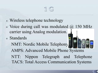    Wireless telephone technology
   Voice during call was modulated @ 150 MHz
    carrier using Analog modulation.
   Standards
     NMT: Nordic Mobile Telephony
     AMPS: Advanced Mobile Phone Systems
     NTT: Nippon Telegraph and Telephone
     TACS: Total Access Communication Systems

                                                5
 