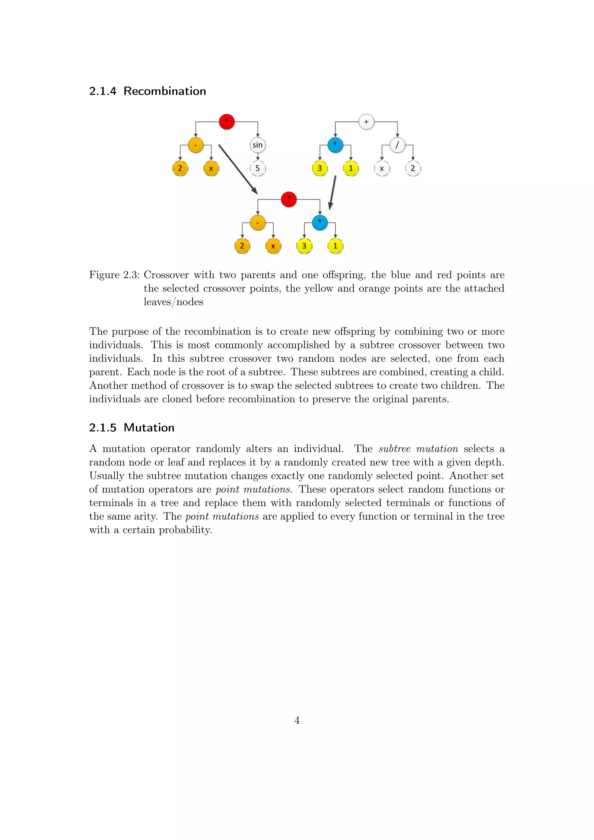 2.1.4 Recombination
Figure 2.3: Crossover with two parents and one oﬀspring, the blue and red points are
the selected crossover points, the yellow and orange points are the attached
leaves/nodes
The purpose of the recombination is to create new oﬀspring by combining two or more
individuals. This is most commonly accomplished by a subtree crossover between two
individuals. In this subtree crossover two random nodes are selected, one from each
parent. Each node is the root of a subtree. These subtrees are combined, creating a child.
Another method of crossover is to swap the selected subtrees to create two children. The
individuals are cloned before recombination to preserve the original parents.
2.1.5 Mutation
A mutation operator randomly alters an individual. The subtree mutation selects a
random node or leaf and replaces it by a randomly created new tree with a given depth.
Usually the subtree mutation changes exactly one randomly selected point. Another set
of mutation operators are point mutations. These operators select random functions or
terminals in a tree and replace them with randomly selected terminals or functions of
the same arity. The point mutations are applied to every function or terminal in the tree
with a certain probability.
4
 