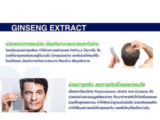 GINSENG EXTRACT
ช่วยลดอาการผมร่วง ป้องกันภาวะผมบางและหัวล้าน
โสมมีส่วนช่วยบํารุงเลือด ทําให้ร่างการสร้างเซลล์ PAPILLA ได้มากขึ้น ซึ่ง
ช่วยให้อายุของเส้นผมอยู่ได้นานขึ้น ไม่หลุดร่วงง่าย และยังช่วยให้ผมที่ขึ้น
ใหม่แข็งแรง ป้องกันการเกิดภาวะผมบาง ศีรษะล้าน เสียบุคลิกภาพ
ช่วยบํารุงผิว ลดการเกิดริ้วรอยก่อนวัย
เนื่องจากโสมมีสาร Phytonutrients และสาร Anti-Oxidants จึง
ช่วยต่อต้านสารอนุมูลอิสระต่างๆ ที่จะมาทําลายผิวให้เกิดริ้วรอยและ
ช่วยฟื้นฟูคอลลาเจน ทําให้ผิวหน้าดูกระชับเต่งตึง ช่วยขจัดเซลล์ผิว
เก่าที่เสื่อมสภาพแล้วให้หลุดออกไป เผยผิวใหม่ที่สดใสกว่าเดิม
 