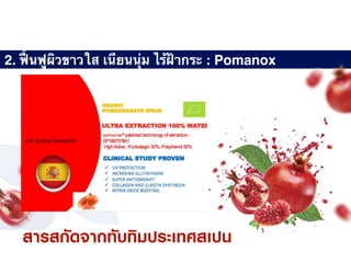 2. ฟื้นฟูผิวขาวใส เนียนนุ่ม ไร้ฝ้ากระ : Pomanox
สารสกัดจากทับทิมประเทศสเปน
 